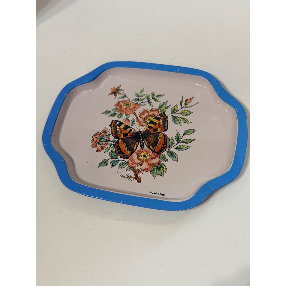 Vintage Butterfly Metal Trinket Tray Hong Kong Blue Scalloped Edge Floral Decor